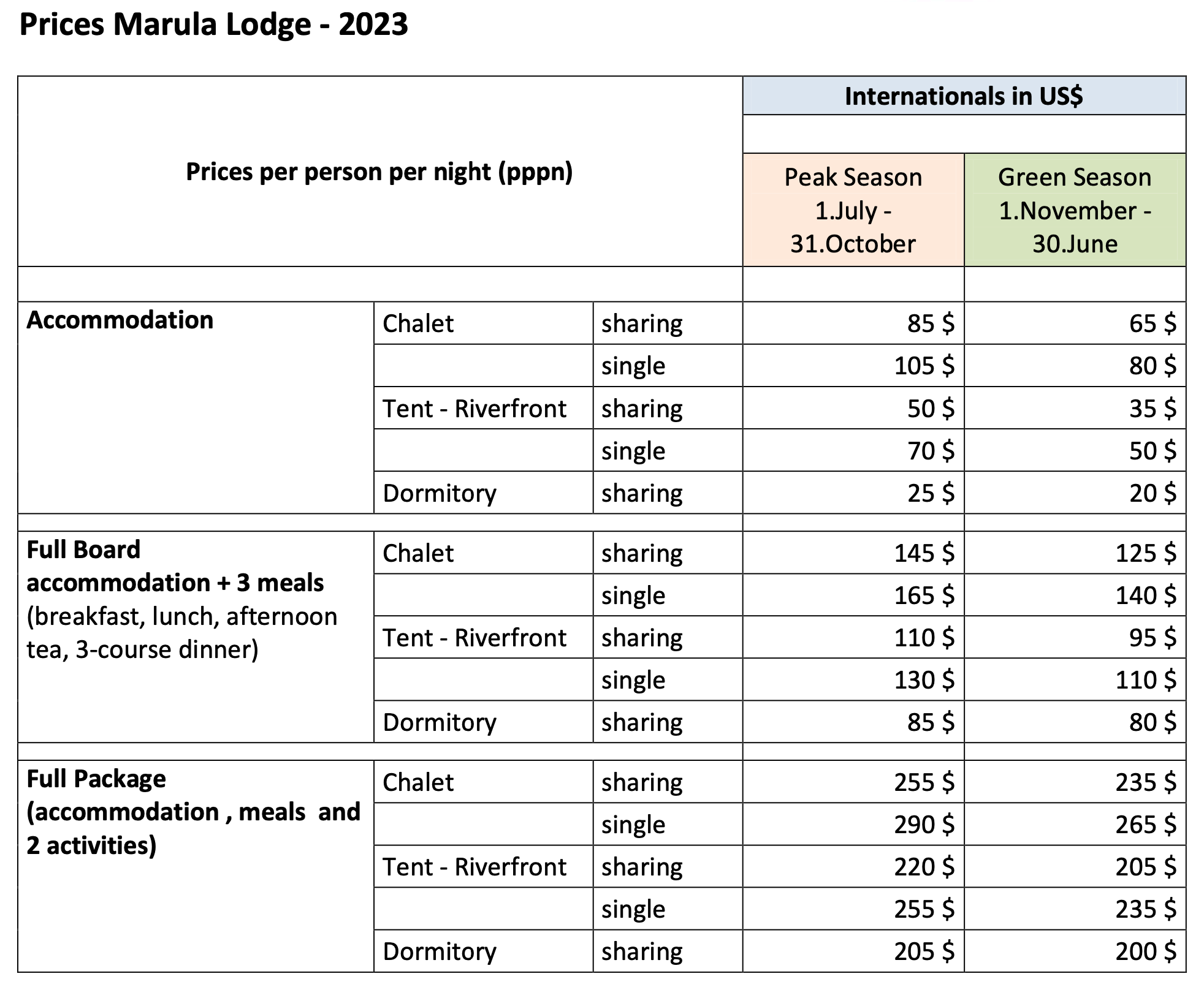 Marula Lodge Price List 2023